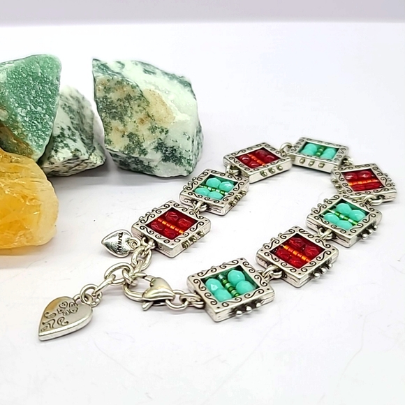 Brighton "BEDAZZLED" Red & Turquoise Crystal Beads & Heart Charm Link Bracelet! - Picture 4 of 10